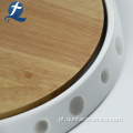 Placa cerâmica redonda personalizada com prato de madeira